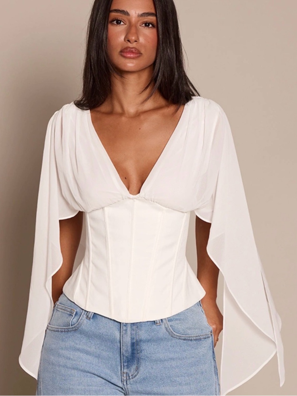 PrettyLittleThing White V-Neck Corset Top with Draped Cape Sleeves